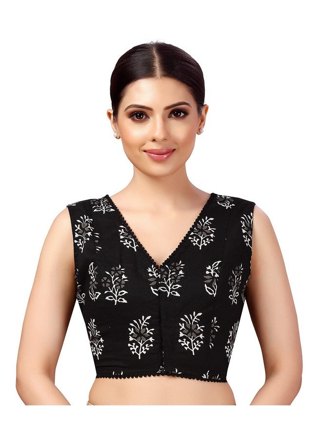 Studio Shringaar Studio Shringaar Women's Readymade Cotton Sleeveless Mulmul Block Printed Saree Blouse (Black, 36) - Image 1