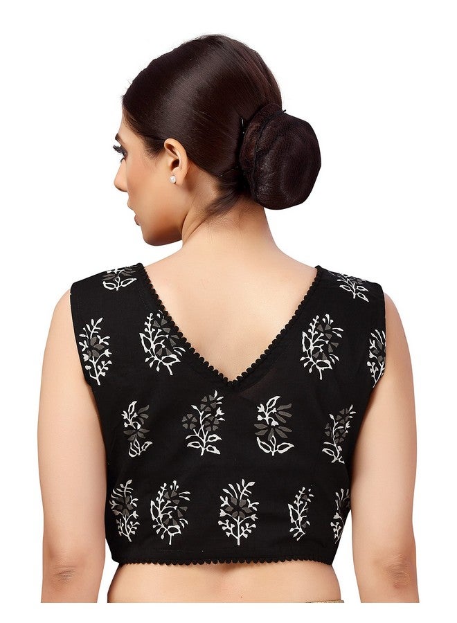Studio Shringaar Studio Shringaar Women's Readymade Cotton Sleeveless Mulmul Block Printed Saree Blouse (Black, 36) - Image 2