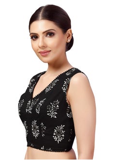 Studio Shringaar Studio Shringaar Women's Readymade Cotton Sleeveless Mulmul Block Printed Saree Blouse (Black, 36)  - Image 4