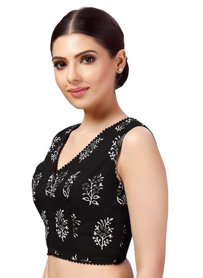 Studio Shringaar Studio Shringaar Women's Readymade Cotton Sleeveless Mulmul Block Printed Saree Blouse (Black, 36) - Image 4