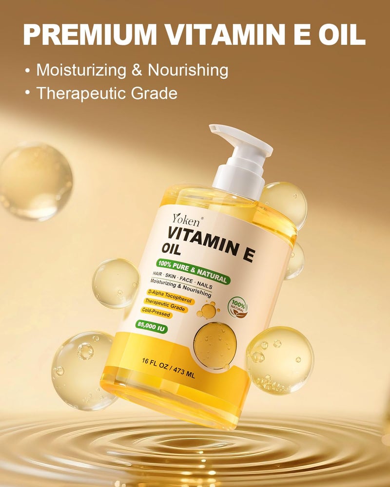 Yoken Vitamin E Oil 16 Fl Oz Organic Vitamin E Oil for Skin 85000 IU Bulk Vitamine oils for Scars HairFaceNailCold Pressed Hexane Free Formula Liquid Perfect Scalp Care Bath and Body oils - Image 2