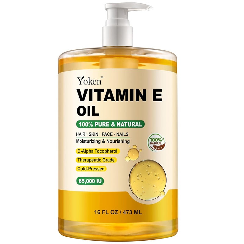 Yoken Vitamin E Oil 16 Fl Oz Organic Vitamin E Oil for Skin 85000 IU Bulk Vitamine oils for Scars HairFaceNailCold Pressed Hexane Free Formula Liquid Perfect Scalp Care Bath and Body oils - Image 1