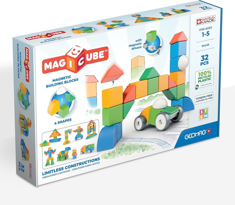 Geomag MagiCube Magnetic Blocks for Toddlers & Kids Ages 1-5 | Swiss-Made STEM Building Toy Sets | Animal, Vehicle, Recycled Plastic Themes | (32-Piece - Classic Set) - Image 1