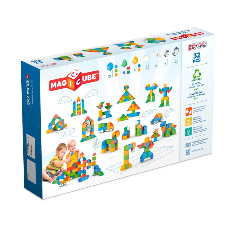 Geomag MagiCube Magnetic Blocks for Toddlers & Kids Ages 1-5 | Swiss-Made STEM Building Toy Sets | Animal, Vehicle, Recycled Plastic Themes | (32-Piece - Classic Set) - Image 2