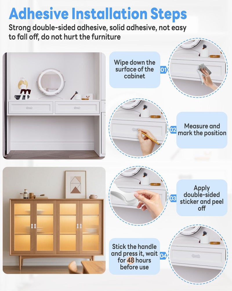 Mebantoo 2 Pack Adhesive Cabinet Handles, 3 Inch Self-Stick Knobs, Barn Door & Finger Pulls For Closets, Sliding Shower Glass Doors, Wardrobes, Drawers, Windows (2, White) - Image 4