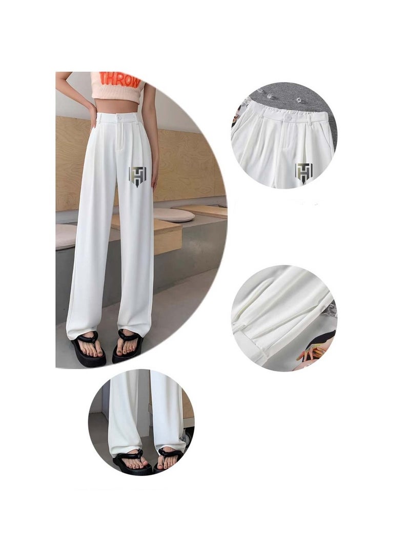 Huitich Women's Ice Silk Wide-Leg Pants High Waist, Loose Fit, White Size M  - Image 2