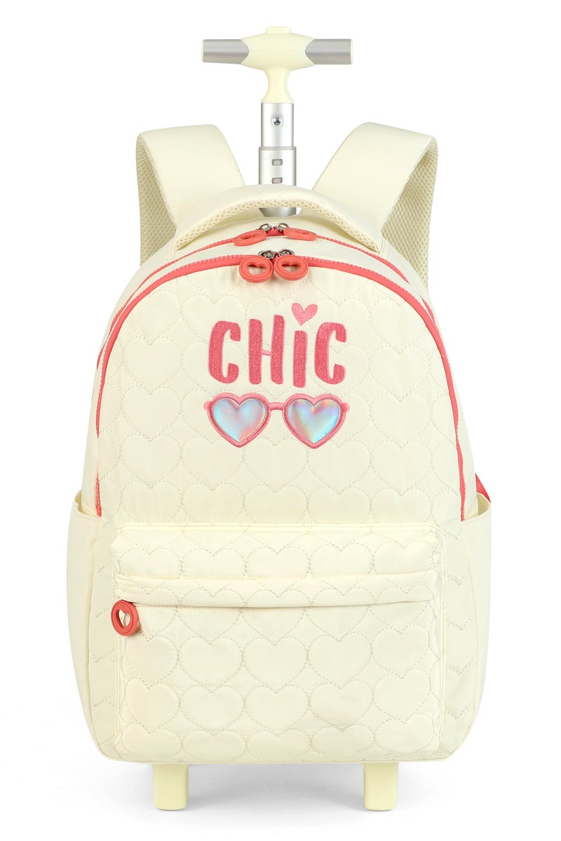 Chic Cream Lightweight Heart Quilted Trolley Backpack Set with Lunch Box & Pencil Case – Stylish, Durable, Holographic Heart Sunglasses Design, Cute & Functional School Bag for Kids, Girls - Image 1