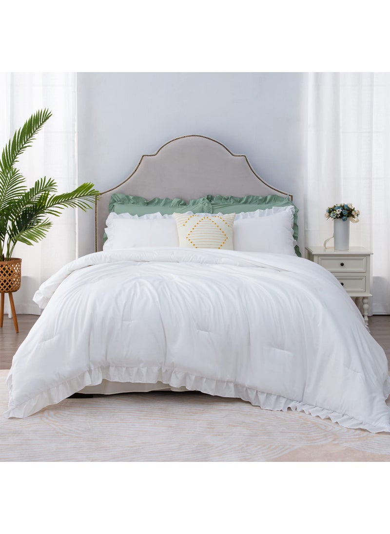 Litanika Litanika White Ruffle Comforter King Size  3 Pieces Women Girl Farmhouse Vintage Aesthetic Bedding Set & Collections  Shabby Chic Microfiber Bedding Set (104x90In Comforter & 2 Pillowcases)  - Image 2