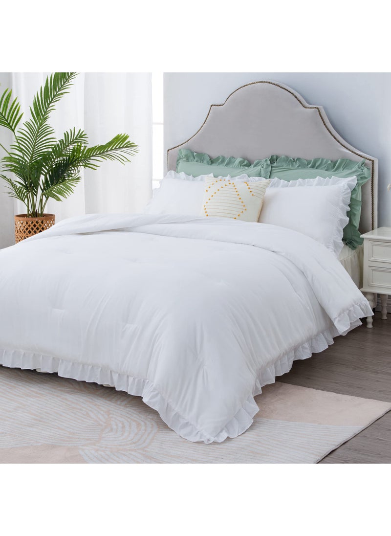 Litanika Litanika White Ruffle Comforter King Size  3 Pieces Women Girl Farmhouse Vintage Aesthetic Bedding Set & Collections  Shabby Chic Microfiber Bedding Set (104x90In Comforter & 2 Pillowcases)  - Image 1