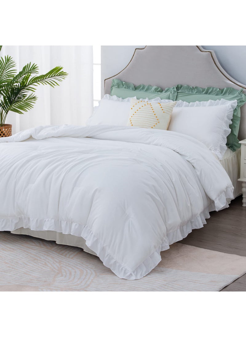 Litanika Litanika White Ruffle Comforter King Size  3 Pieces Women Girl Farmhouse Vintage Aesthetic Bedding Set & Collections  Shabby Chic Microfiber Bedding Set (104x90In Comforter & 2 Pillowcases)  - Image 3