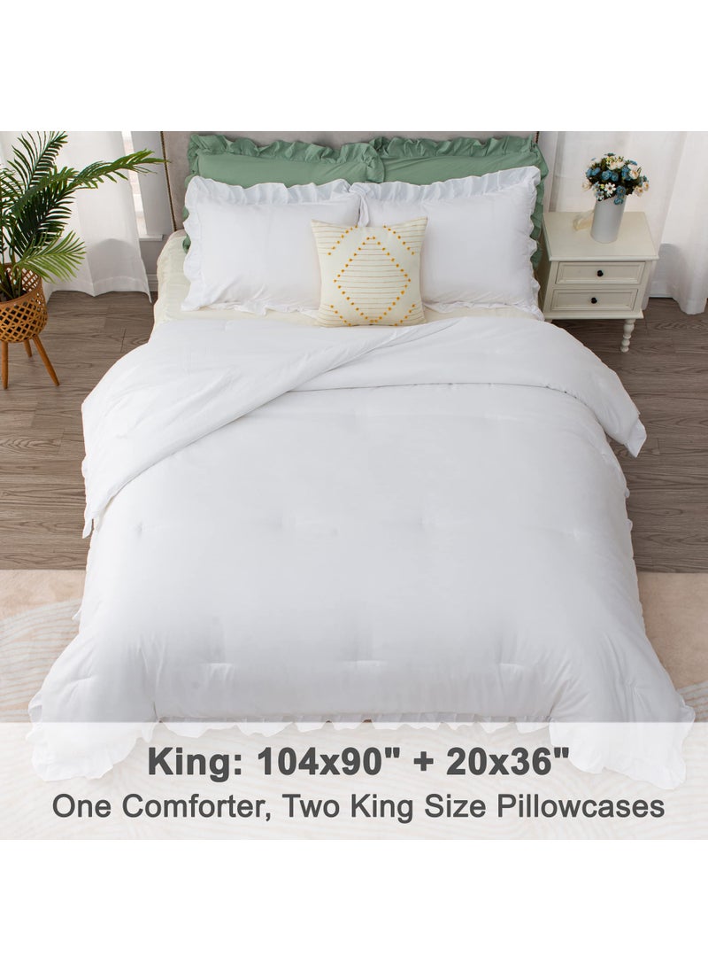 Litanika Litanika White Ruffle Comforter King Size  3 Pieces Women Girl Farmhouse Vintage Aesthetic Bedding Set & Collections  Shabby Chic Microfiber Bedding Set (104x90In Comforter & 2 Pillowcases)  - Image 5