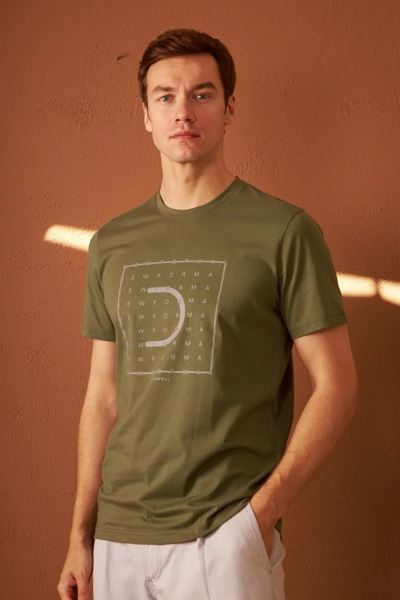 Odelon Men's Comfort Fit Printed Cotton T-Shirt Khaki New Formal MARS15