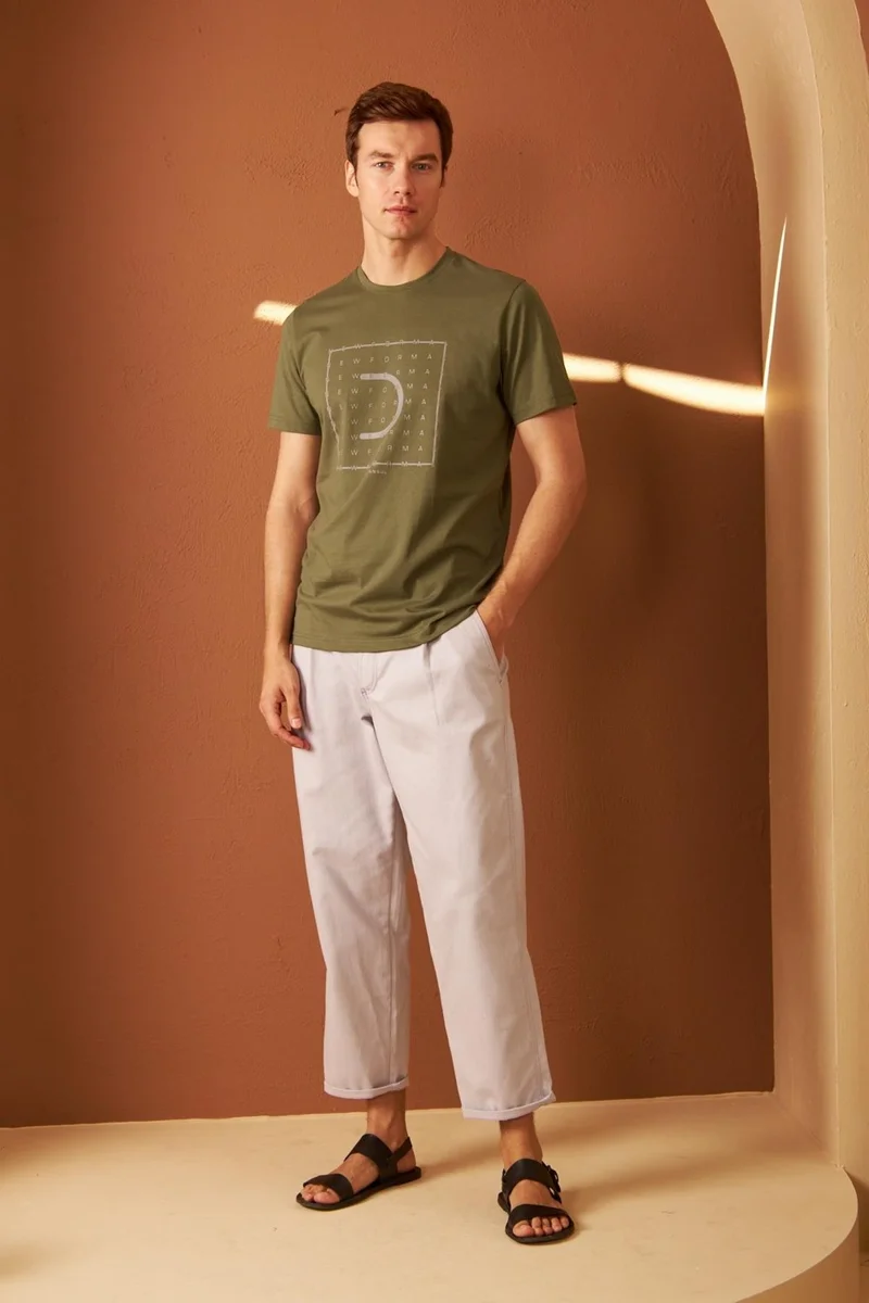 Odelon Men's Comfort Fit Printed Cotton T-Shirt Khaki New Formal MARS15
