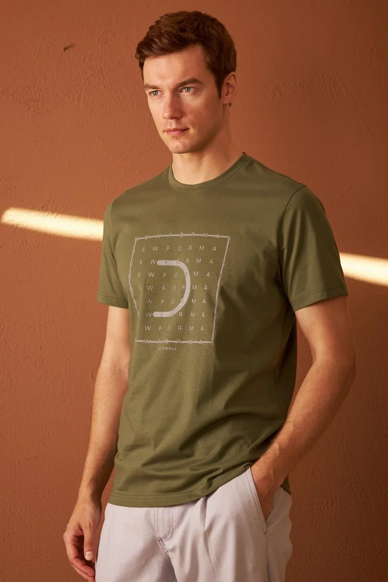 Odelon Men's Comfort Fit Printed Cotton T-Shirt Khaki New Formal MARS15