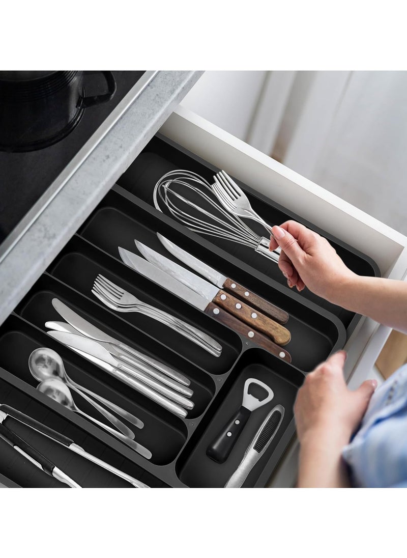 Silverware Drawer Organizer, Expandable Utensil Tray for Kitchen Drawer Organizer, Cutlery and Flatware Holder for Forks, Knives, Adjustable Plastic Kitchen Organizers Storage Solution(Black)  - Image 1