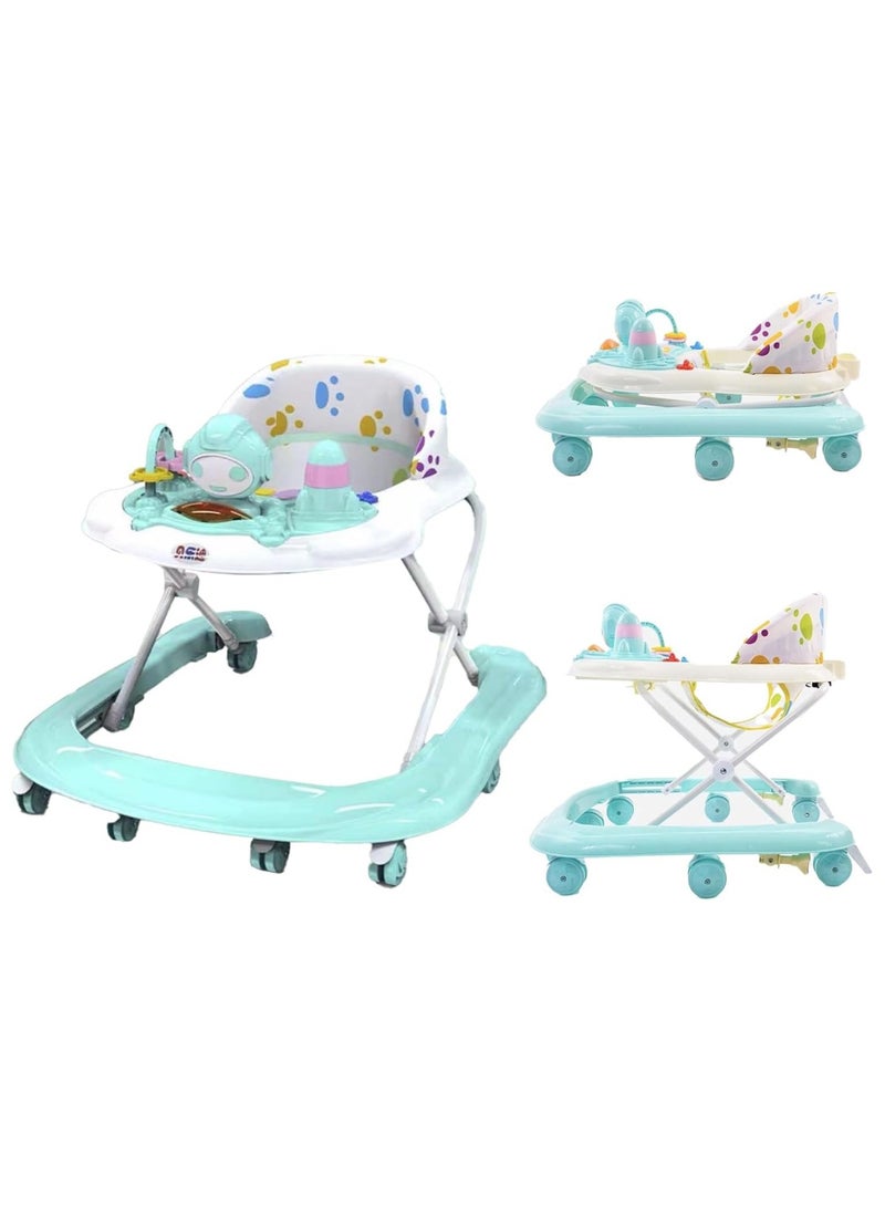 Music and Light Baby Walker Foldable Height Adjustable Baby Walker with Wheels Infant Walker Anti-Fall Baby Walker for 6-18 Months Boys and Girls (Green) - Image 1