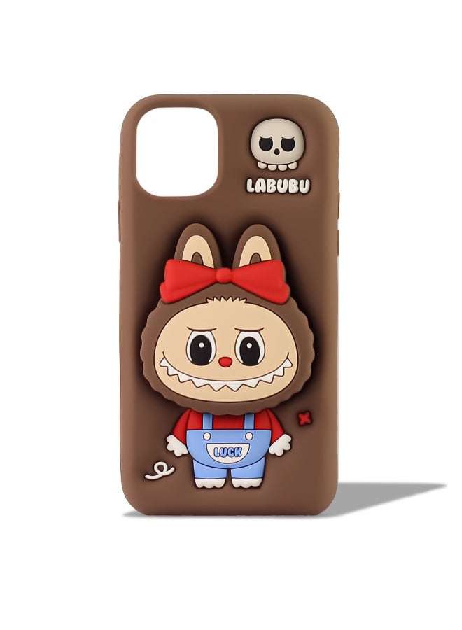 أغطية حماية أنيقة من السيليكون الناعم بتصميم كرتوني لطيف ثلاثي الأبعاد مع جراب منبثق لهاتف آيفون 14 بلس/15 بلس (بني)