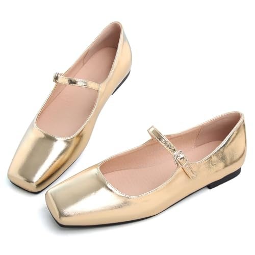 LUXINYU Mary Jane Shoes for Women Leather Flats Square Toe Adjustable Ankle Strap Ballet Dance Shoes Comfortable School Uniform Shoes,Gold 6.5 - Image 2