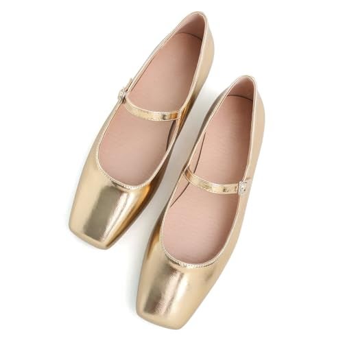 LUXINYU Mary Jane Shoes for Women Leather Flats Square Toe Adjustable Ankle Strap Ballet Dance Shoes Comfortable School Uniform Shoes,Gold 6.5 - Image 3