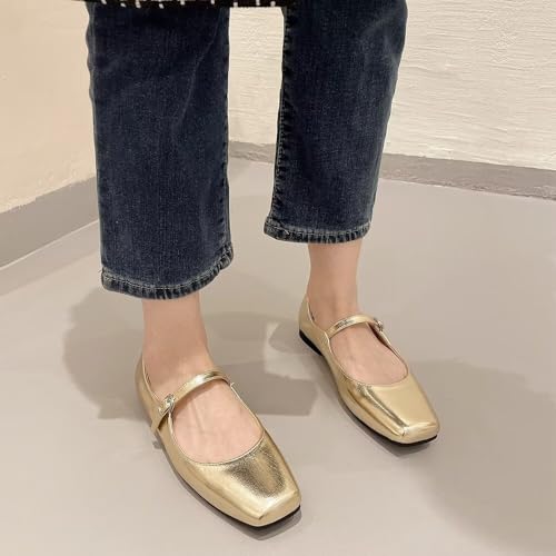 LUXINYU Mary Jane Shoes for Women Leather Flats Square Toe Adjustable Ankle Strap Ballet Dance Shoes Comfortable School Uniform Shoes,Gold 6.5 - Image 5