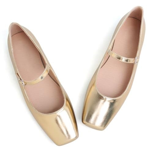 LUXINYU Mary Jane Shoes for Women Leather Flats Square Toe Adjustable Ankle Strap Ballet Dance Shoes Comfortable School Uniform Shoes,Gold 6.5 - Image 1