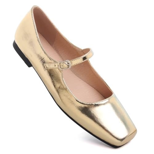 LUXINYU Mary Jane Shoes for Women Leather Flats Square Toe Adjustable Ankle Strap Ballet Dance Shoes Comfortable School Uniform Shoes,Gold 6.5 - Image 4