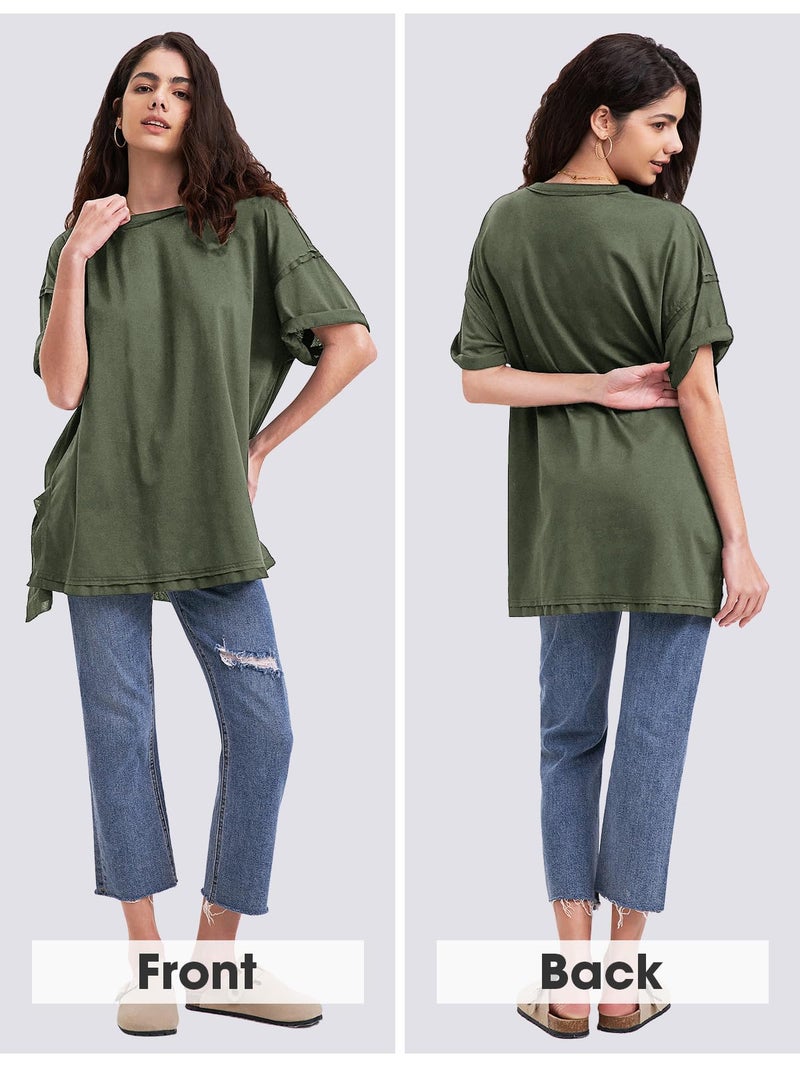 EXLURA Womens Summer Oversized T Shirts 2025 Casual Short Sleeve Loose Maternity Tops Crewneck Tunic Plus Gym Workout Top Army Green - Image 5
