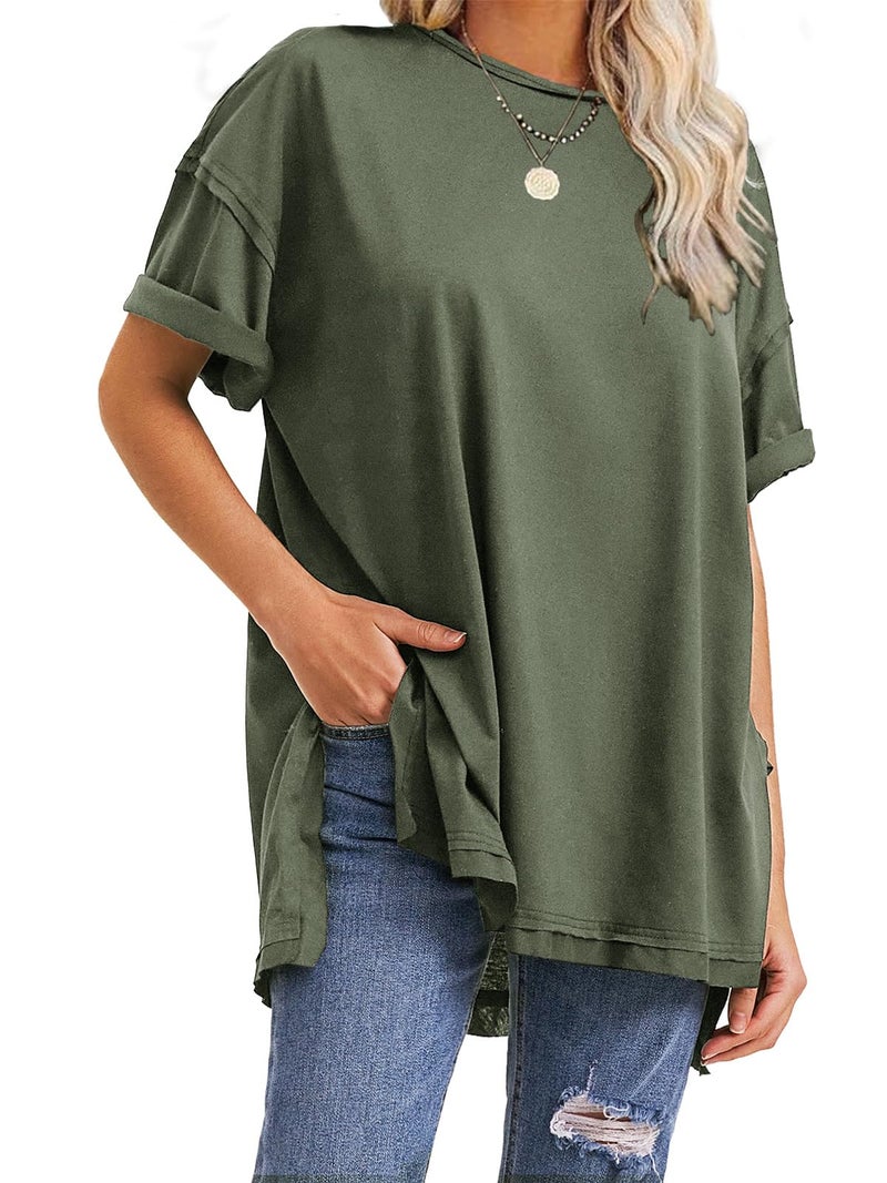 EXLURA Womens Summer Oversized T Shirts 2025 Casual Short Sleeve Loose Maternity Tops Crewneck Tunic Plus Gym Workout Top Army Green - Image 1