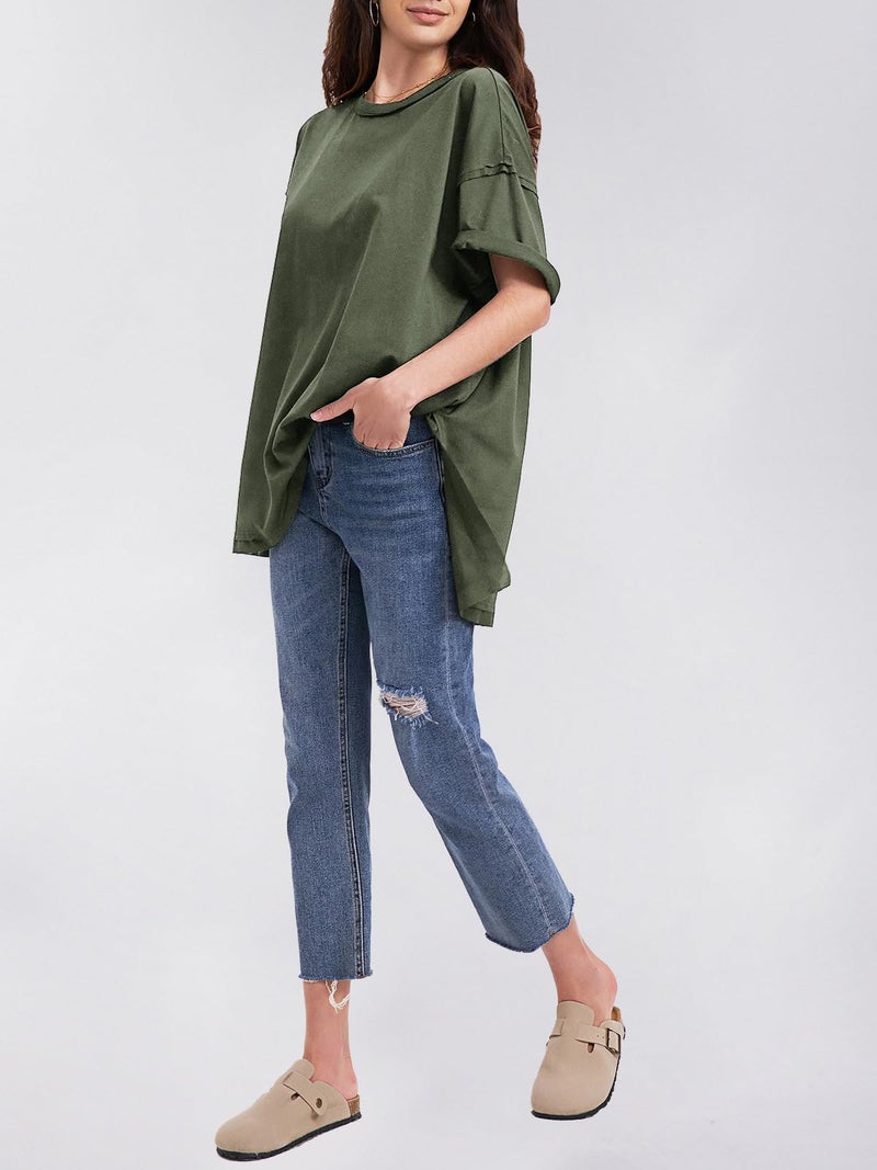 EXLURA Womens Summer Oversized T Shirts 2025 Casual Short Sleeve Loose Maternity Tops Crewneck Tunic Plus Gym Workout Top Army Green - Image 4
