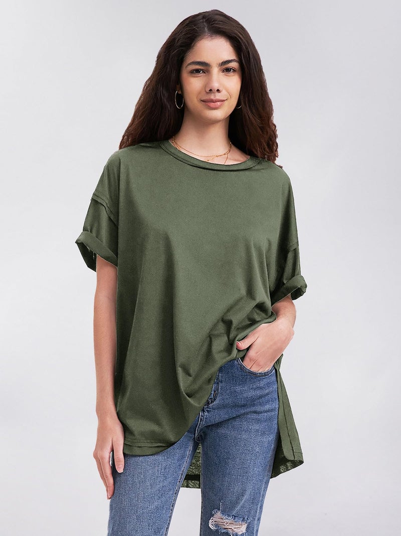 EXLURA Womens Summer Oversized T Shirts 2025 Casual Short Sleeve Loose Maternity Tops Crewneck Tunic Plus Gym Workout Top Army Green - Image 3