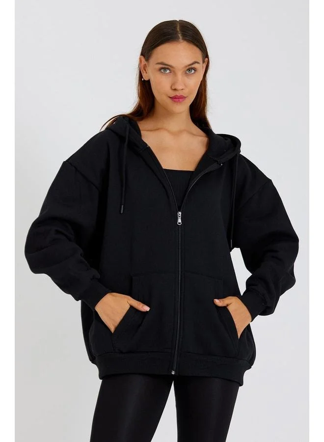 Mmetalic Black Oversized Women's Hooded Sweatshirt with Kangaroo Pocket, Zip Closure, and Cotton Lining