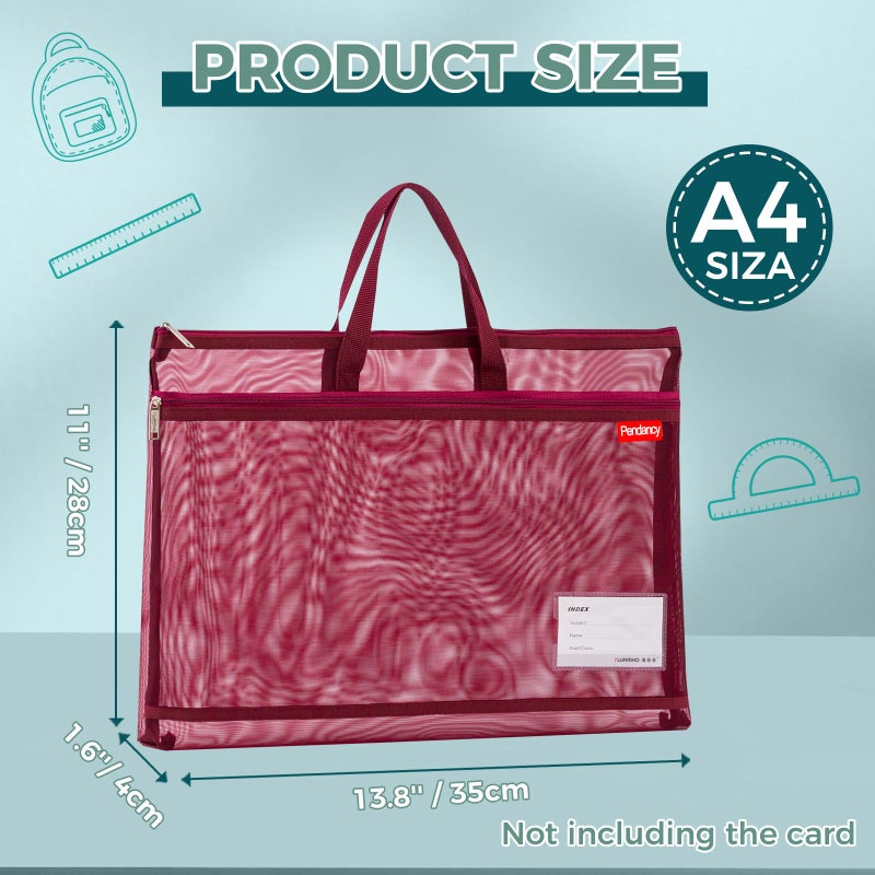 Pendancy Mesh Zipper Pouch A4 Size, Large Double Pocket Lightweight Nylon Transparent File Bag with Handle, 11x13.8 in Foldable Document Storage for Puzzle Project/Cross Stitch/Travel/Office (Red) - Image 2