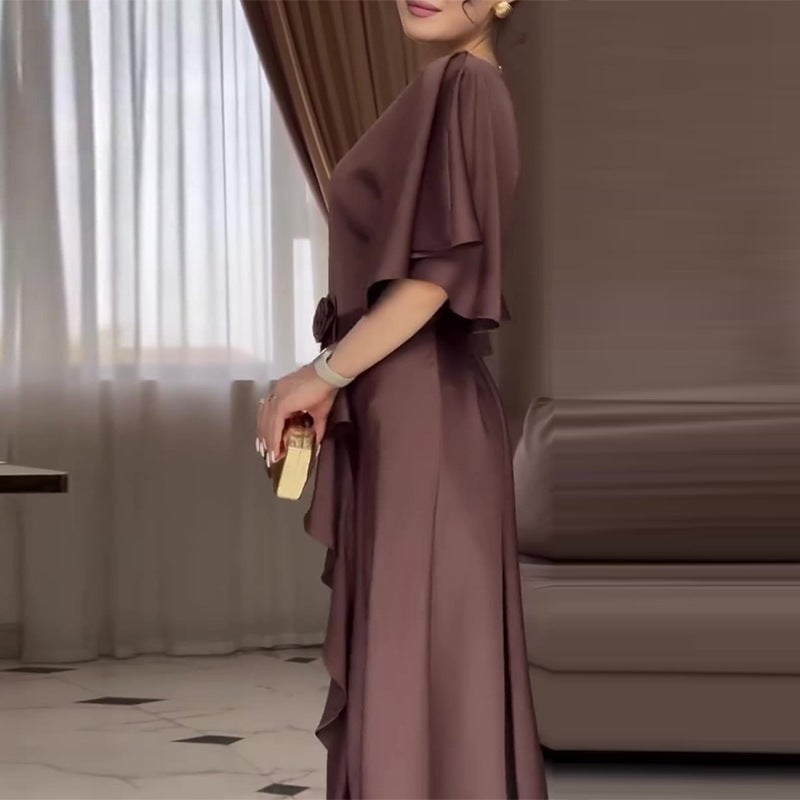 Export Women'S Elegant Ruffled Floral Brown Round Neck Dress - Image 3