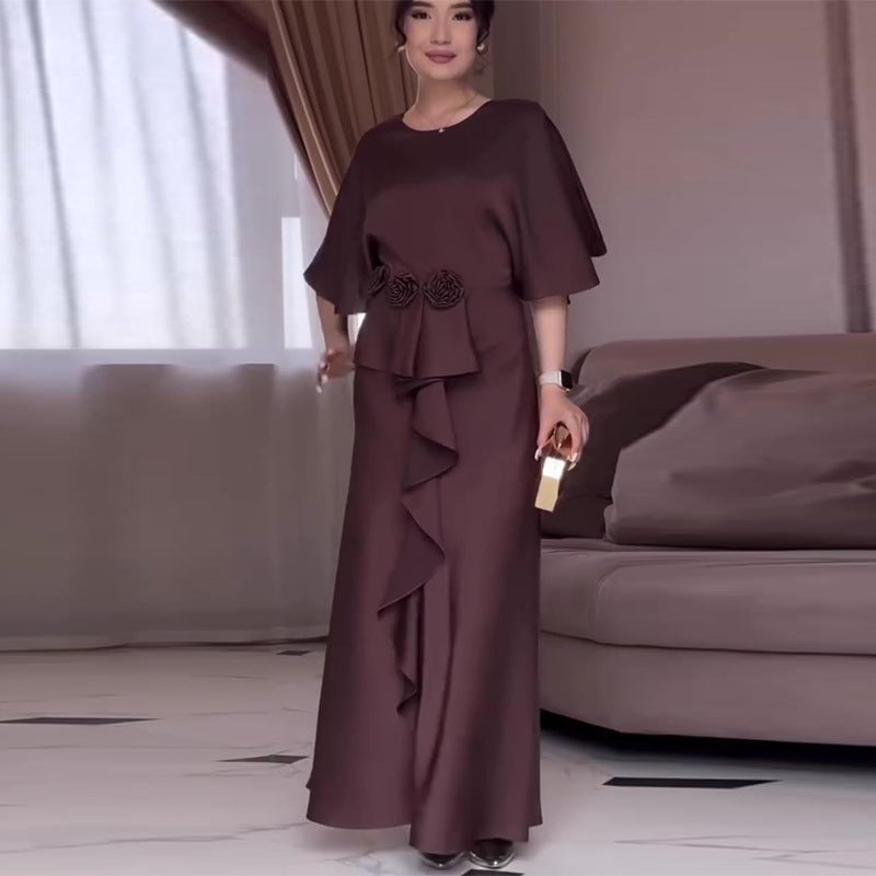 Export Women'S Elegant Ruffled Floral Brown Round Neck Dress - Image 2