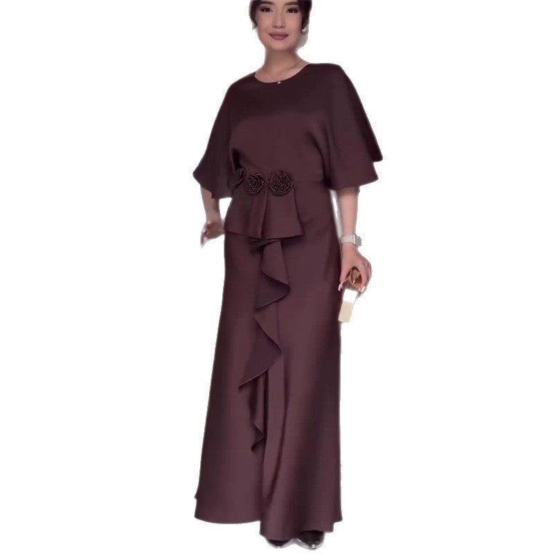 Export Women'S Elegant Ruffled Floral Brown Round Neck Dress - Image 4