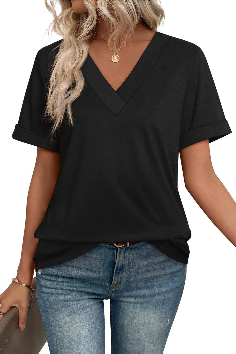 WIHOLL V Neck T Shirts for Women Loose Fit Casual Summer Tops Short Sleeve Shirts Trendy Clothing Fashion 2026 Black M - Image 3