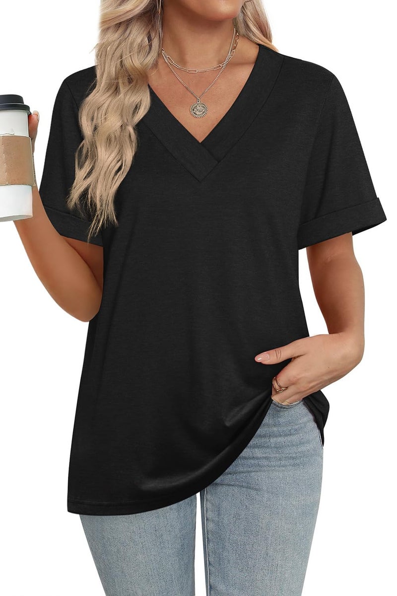 WIHOLL V Neck T Shirts for Women Loose Fit Casual Summer Tops Short Sleeve Shirts Trendy Clothing Fashion 2026 Black M - Image 2