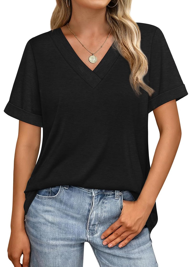 WIHOLL V Neck T Shirts for Women Loose Fit Casual Summer Tops Short Sleeve Shirts Trendy Clothing Fashion 2026 Black M - Image 4