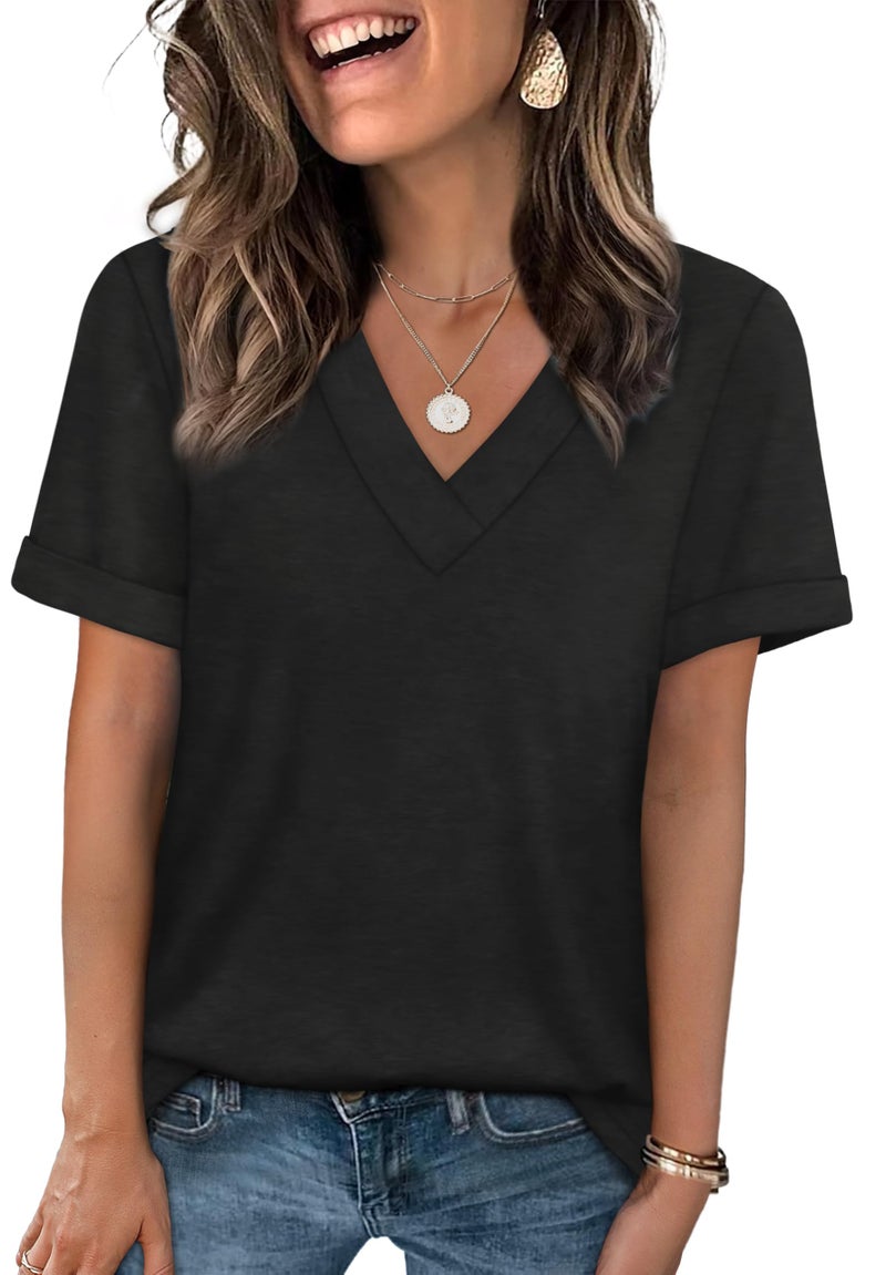 WIHOLL V Neck T Shirts for Women Loose Fit Casual Summer Tops Short Sleeve Shirts Trendy Clothing Fashion 2026 Black M - Image 1