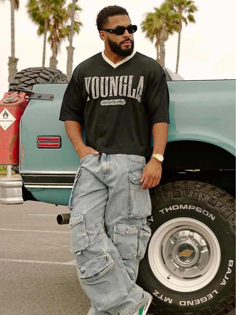 Youngla American Style Trendy Brand Oversized T-Shirt Men'S Sports Fitness Quick-Drying Breathable Large Mesh Printed Short-Sleeved Top - Image 5