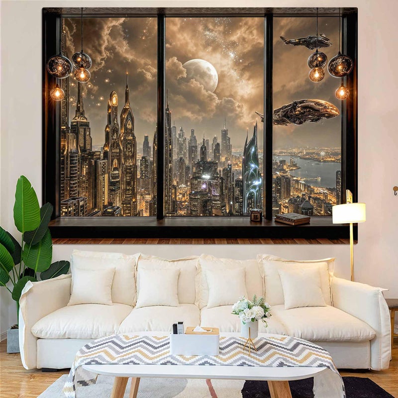 Lifeel Cyberpunk City Tapestry, Future Skyline Aesthetic Window Tapestries for Home Decor Game Room Bedroom Living Room, 36x48 inches - Image 3