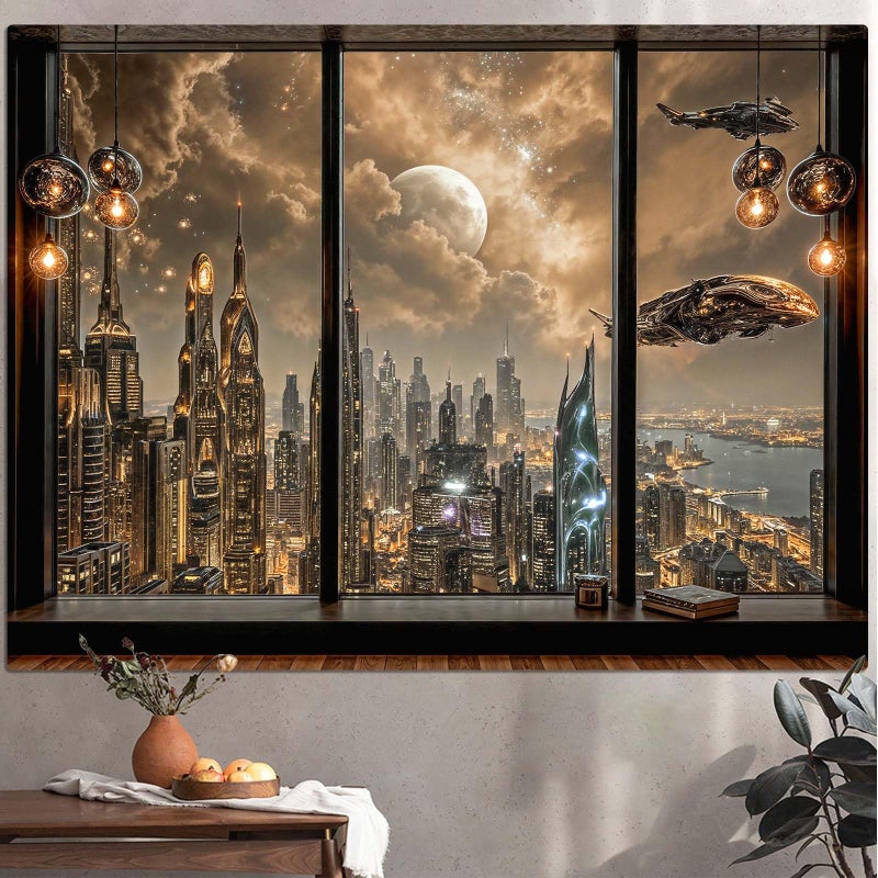 Lifeel Cyberpunk City Tapestry, Future Skyline Aesthetic Window Tapestries for Home Decor Game Room Bedroom Living Room, 36x48 inches - Image 5