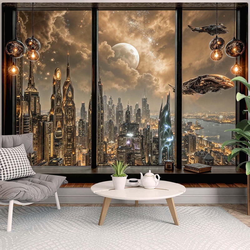 Lifeel Cyberpunk City Tapestry, Future Skyline Aesthetic Window Tapestries for Home Decor Game Room Bedroom Living Room, 36x48 inches - Image 1