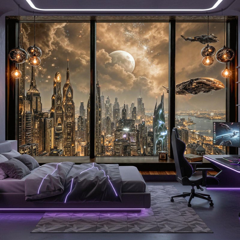 Lifeel Cyberpunk City Tapestry, Future Skyline Aesthetic Window Tapestries for Home Decor Game Room Bedroom Living Room, 36x48 inches - Image 4