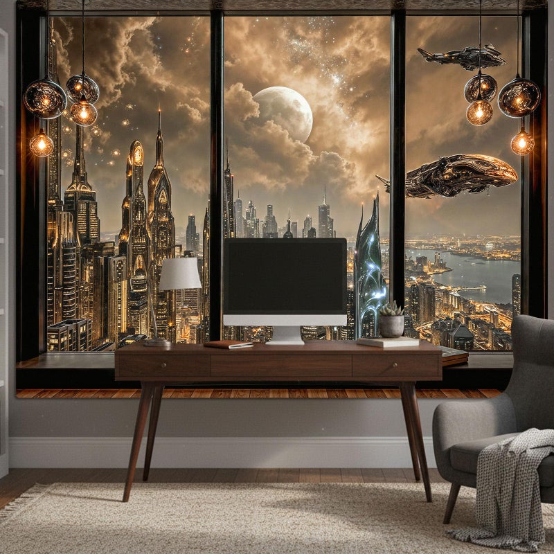 Lifeel Cyberpunk City Tapestry, Future Skyline Aesthetic Window Tapestries for Home Decor Game Room Bedroom Living Room, 36x48 inches - Image 2