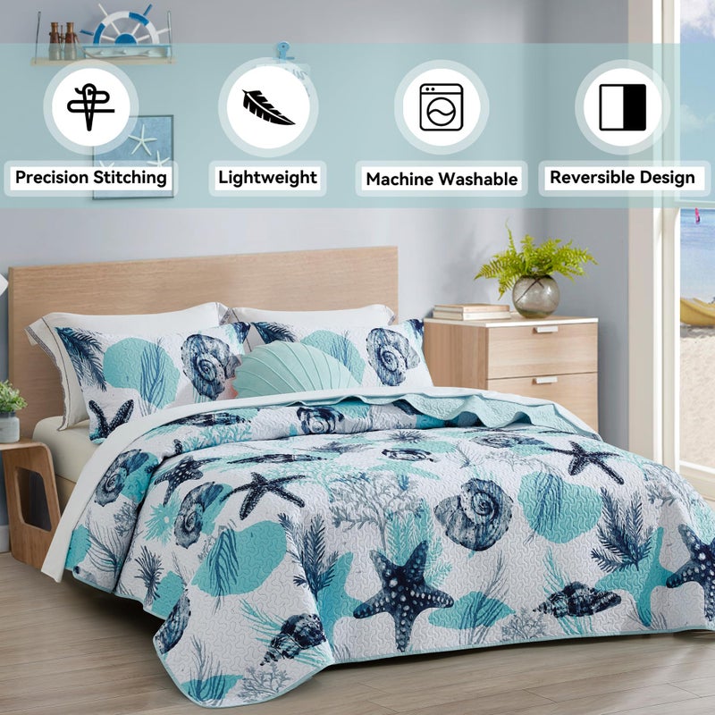 Tritard 3 Piece Coastal Full/Queen Quilt Sets Nautical Reversible Lightweight Bedspread Coverlet with 2 Shams Blue Starfish Conch Beach Microfiber Bedding Quilt Set for All Season, 90''x96'' - Image 2