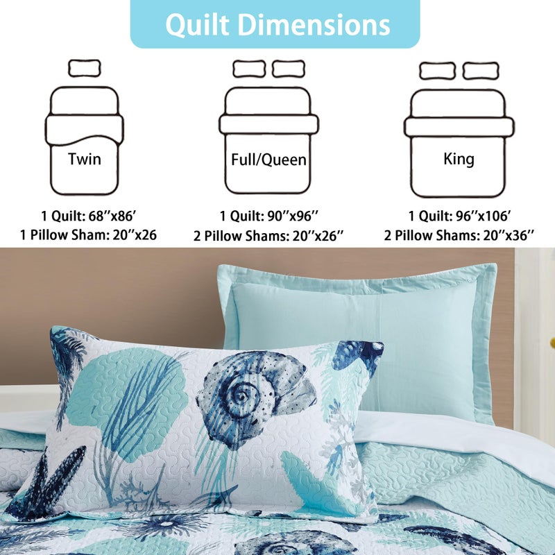Tritard 3 Piece Coastal Full/Queen Quilt Sets Nautical Reversible Lightweight Bedspread Coverlet with 2 Shams Blue Starfish Conch Beach Microfiber Bedding Quilt Set for All Season, 90''x96'' - Image 5