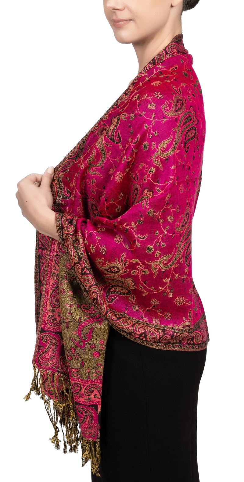 Achillea شال باهظ من الباشمينا القابل للعكس بتصميم بايسلي ناعم وحريري مع أطراف (فوشيا) - Image 2