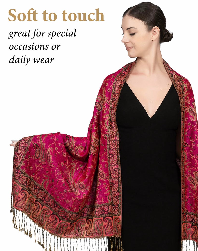 Achillea شال باهظ من الباشمينا القابل للعكس بتصميم بايسلي ناعم وحريري مع أطراف (فوشيا) - Image 4