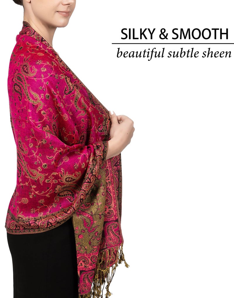 Achillea شال باهظ من الباشمينا القابل للعكس بتصميم بايسلي ناعم وحريري مع أطراف (فوشيا) - Image 5